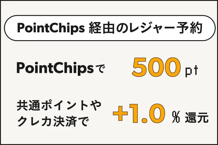 PointChips経由のレジャー予約で500ポイント獲得。共通ポイントやクレカ決済で＋1.0％還元